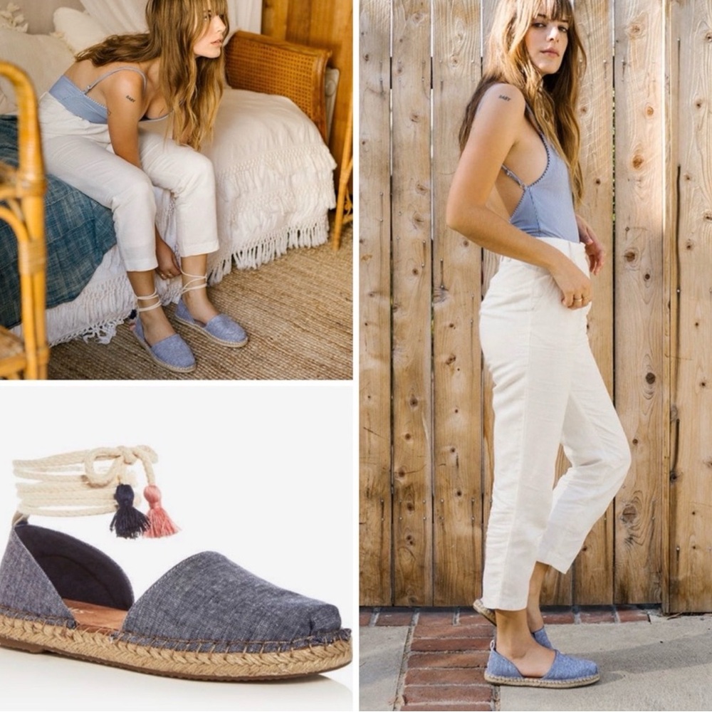 TOMS Blue Chambray Lace-Up Espadrille Sandals with Tassels - Women's Size 6.5